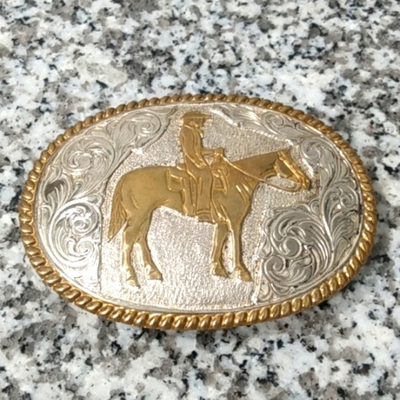 Cumrine Silver Plated Jewelers Bronze Western Cowboy on Horse Belt Buckle USA